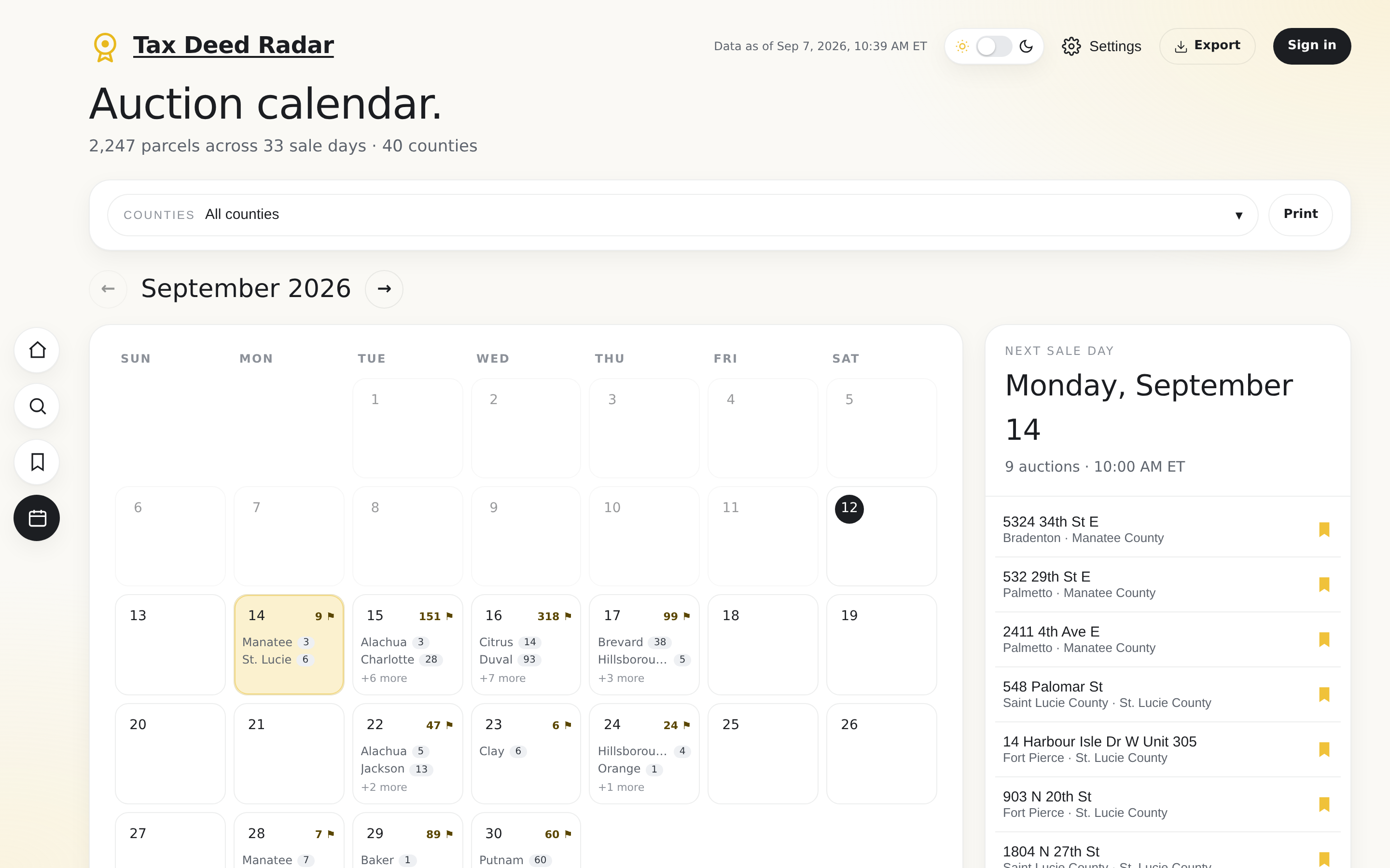 The auction calendar: a month grid of sale days with a side panel of that day's auctions